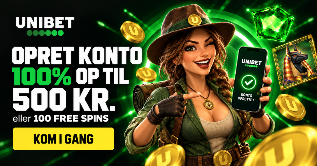 Opret Unibet-konto og vælg 100% bonus op til 500 kr. eller 100 Free Spins