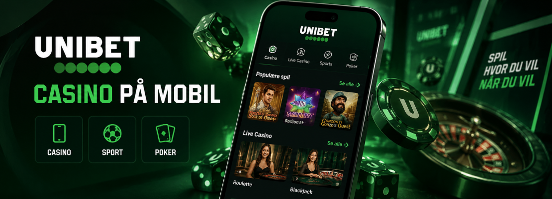 Unibet Casino app på mobil med slots, live casino, sport og poker